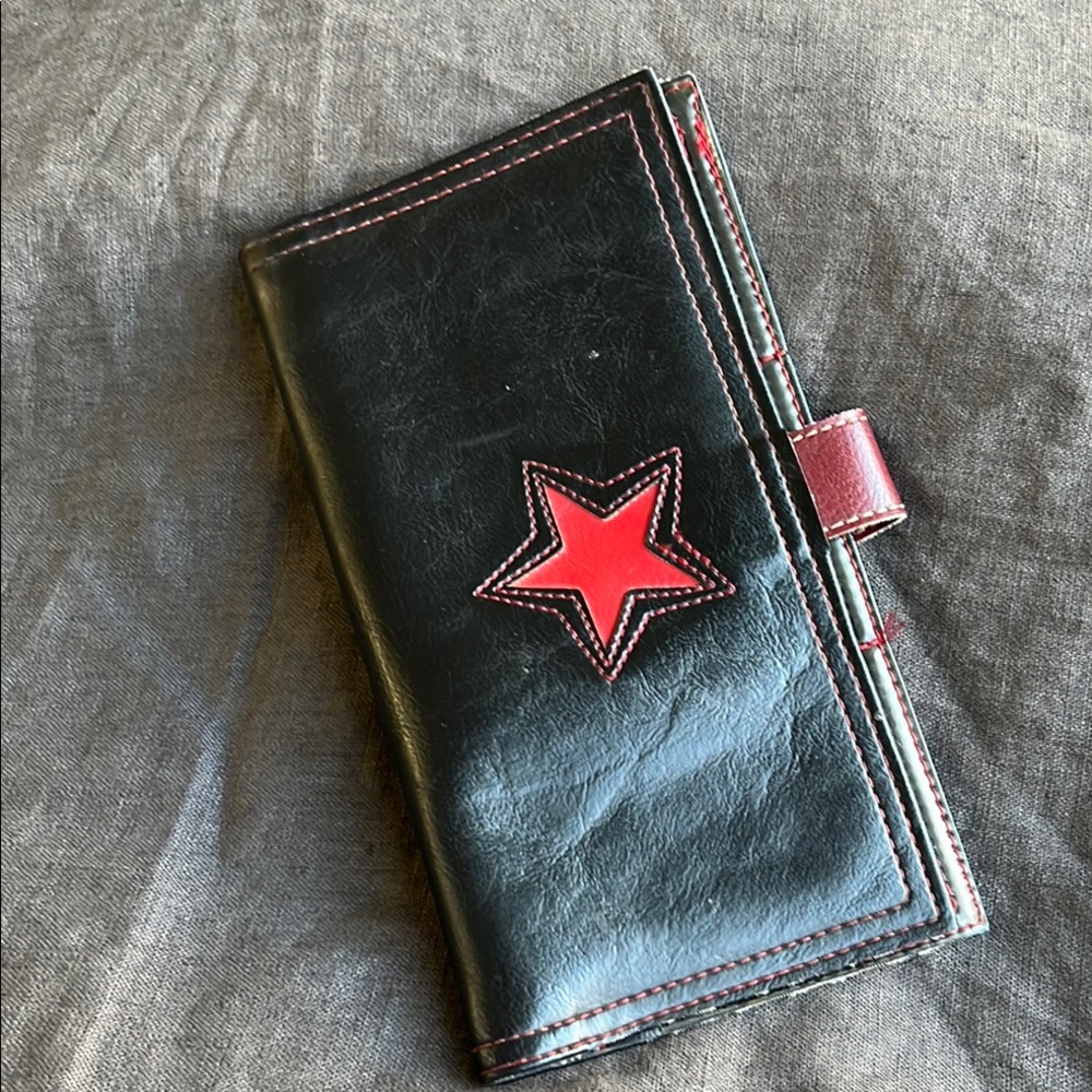Black Leather Wallet with Red Star Accent